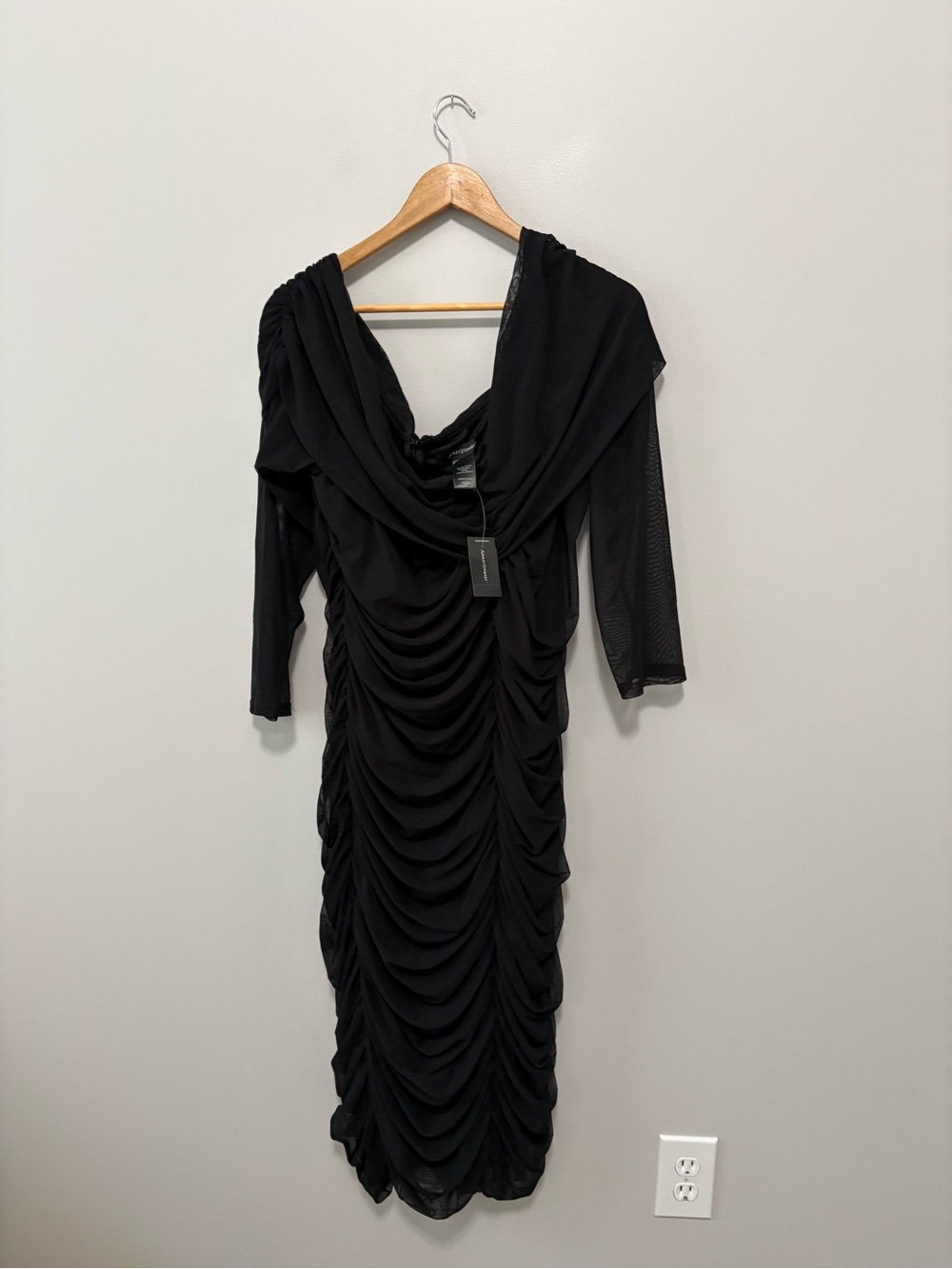 Ashley Stewart Off Shoulder Elegant Goth Black Ruched Bodycon Hugging Dress